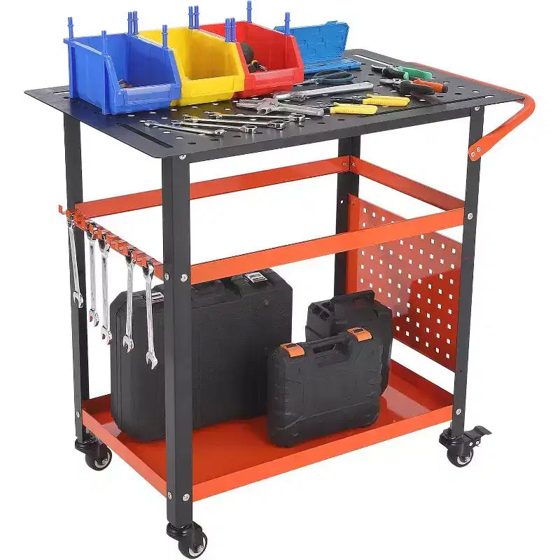 Portable Rolling Welding Table 36x24 Steel Top with Pegboard, 5/8-Inch Holes, Tool Slots, Storage Shelf, 1200LB Capacity, Orange