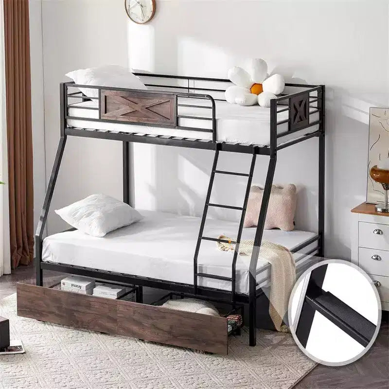 Bunk Bed Twin Over Full Size with 2 Storage Drawers, Heavy Duty Metal Slat Support, No Box Spring Needed