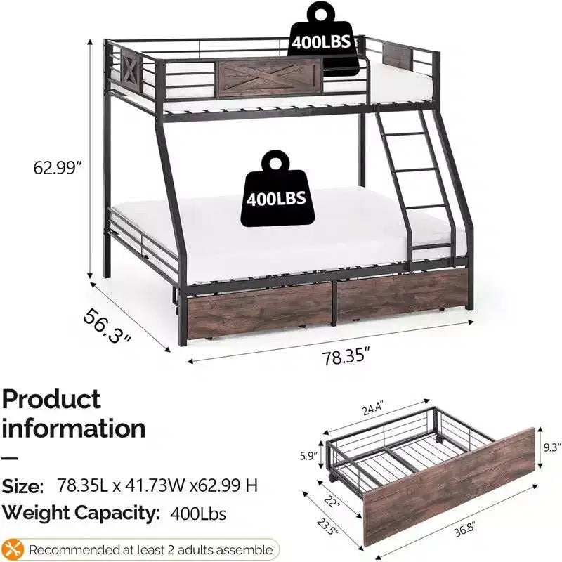 Bunk Bed Twin Over Full Size with 2 Storage Drawers, Heavy Duty Metal Slat Support, No Box Spring Needed