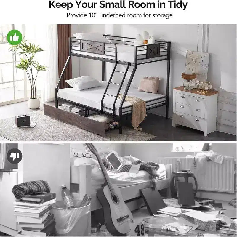 Bunk Bed Twin Over Full Size with 2 Storage Drawers, Heavy Duty Metal Slat Support, No Box Spring Needed