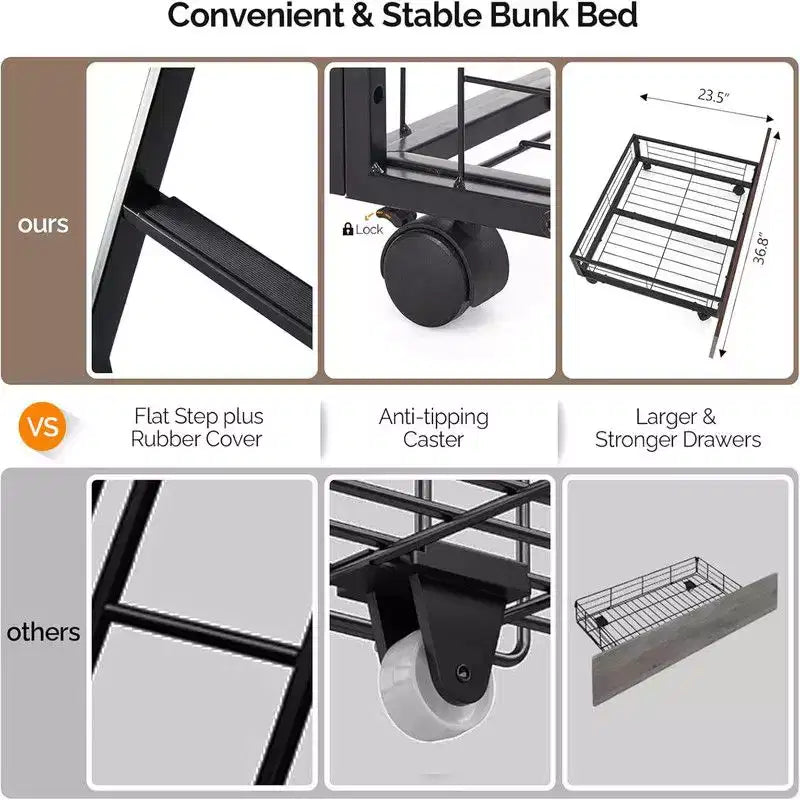 Bunk Bed Twin Over Full Size with 2 Storage Drawers, Heavy Duty Metal Slat Support, No Box Spring Needed