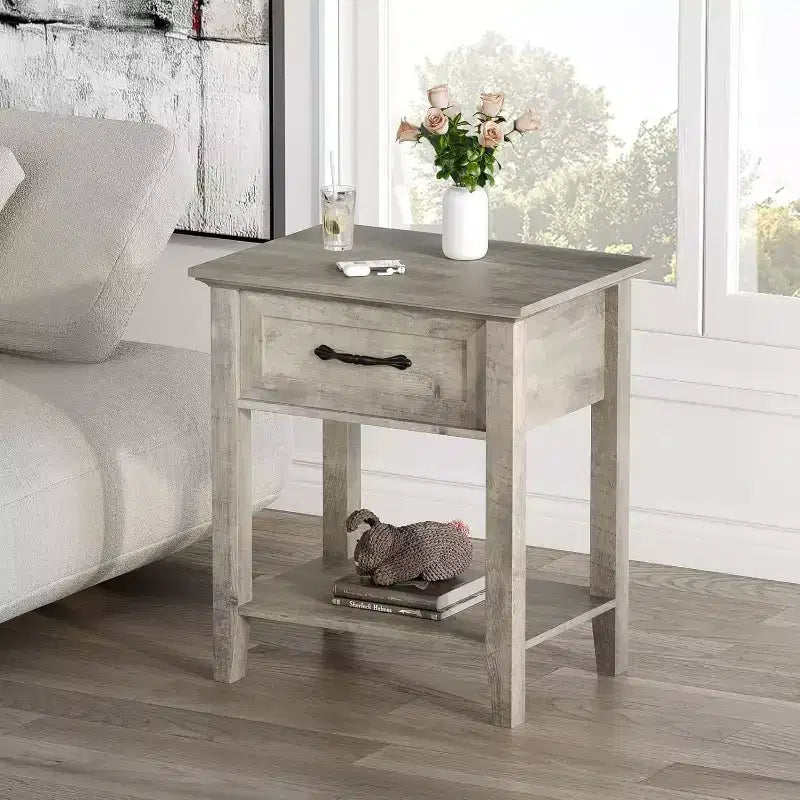 Nightstands End Table with Drawer, Side Table for Spaces, 2 Tiers Storage Shelves with Dresser, Bedside Table