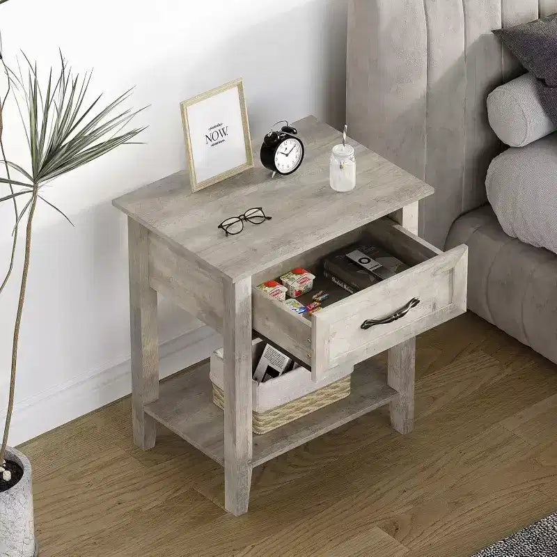 Nightstands End Table with Drawer, Side Table for Spaces, 2 Tiers Storage Shelves with Dresser, Bedside Table