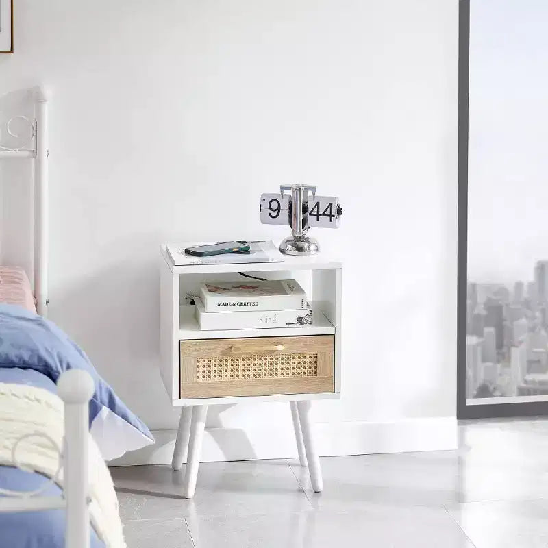 Nightstand with Charging Station, Rattan Side End Table, 15.75 Wood Bedside Accent Table with Storage with Drawer, USB Ports for Living Room