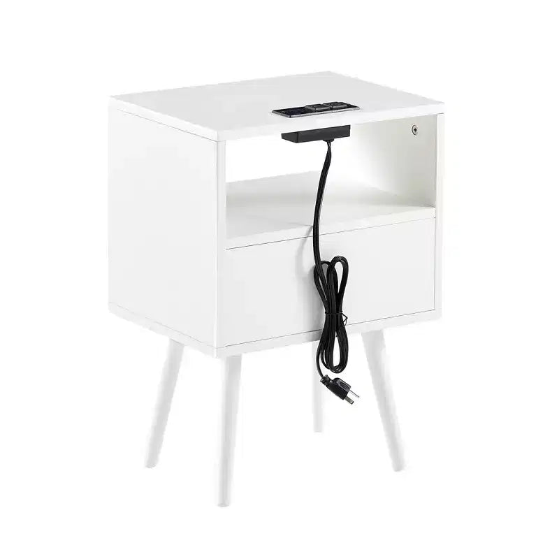 Nightstand with Charging Station, Rattan Side End Table, 15.75 Wood Bedside Accent Table with Storage with Drawer, USB Ports for Living Room