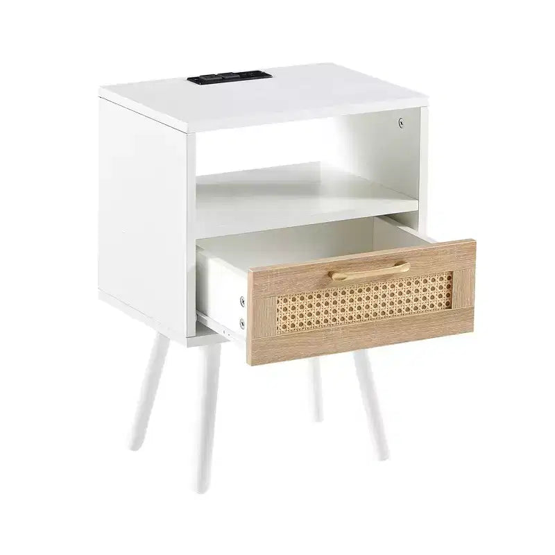 Nightstand with Charging Station, Rattan Side End Table, 15.75 Wood Bedside Accent Table with Storage with Drawer, USB Ports for Living Room