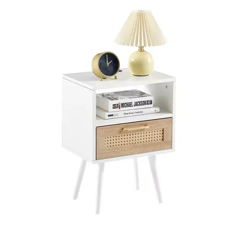Nightstand with Charging Station, Rattan Side End Table, 15.75 Wood Bedside Accent Table with Storage with Drawer, USB Ports for Living Room