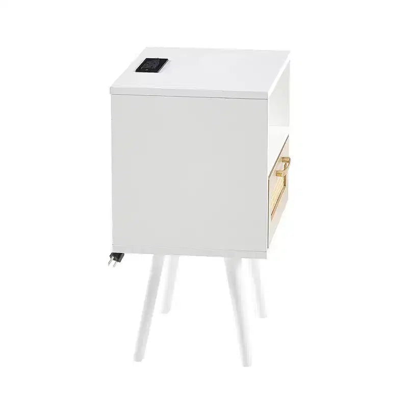 Nightstand with Charging Station, Rattan Side End Table, 15.75 Wood Bedside Accent Table with Storage with Drawer, USB Ports for Living Room