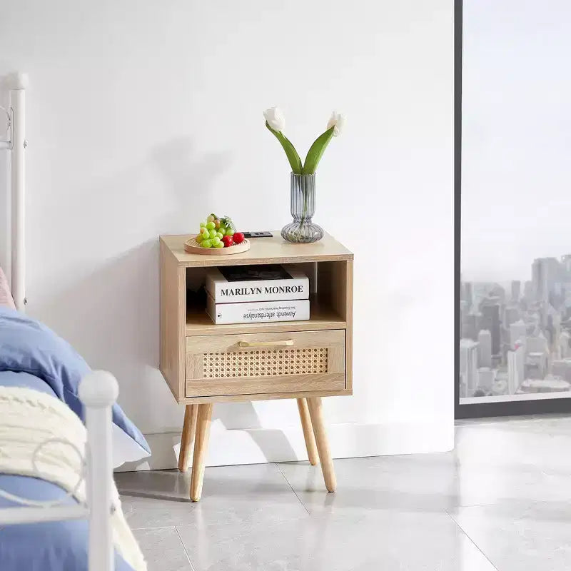 Nightstand with Charging Station, Rattan Side End Table, 15.75 Wood Bedside Accent Table with Storage with Drawer, USB Ports for Living Room