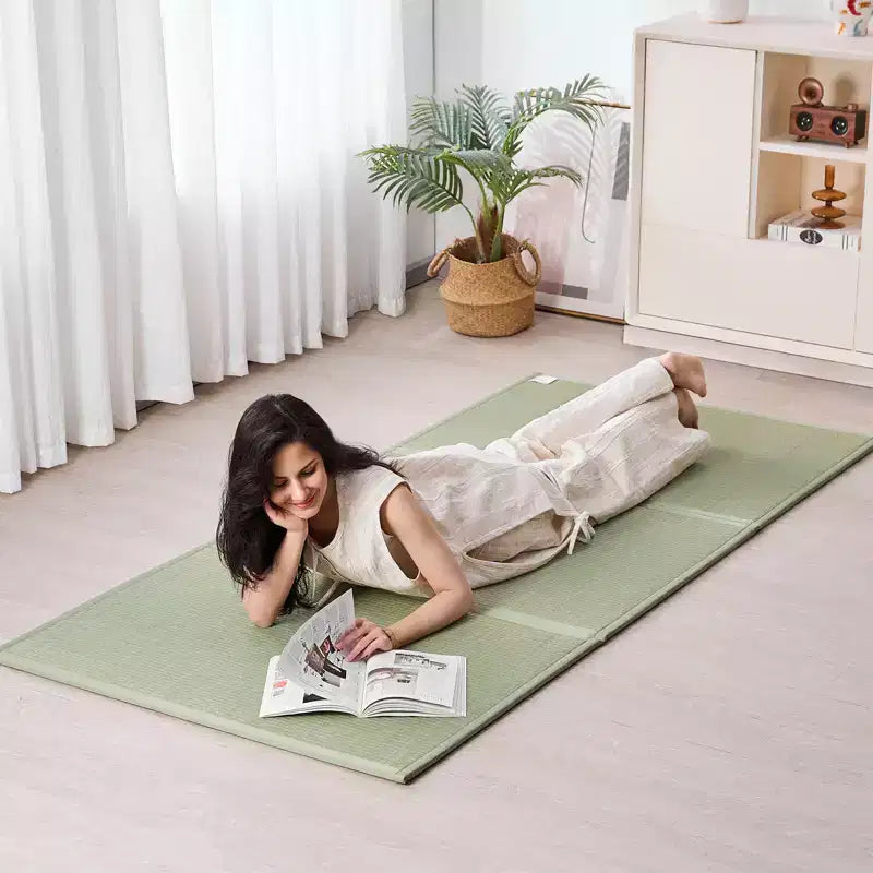 Japanese Tatami Mat, Full Size Foldable Japanese Tatami Mattress( Natural Rush Grass), Japanese Floor Mattress with Non-Slip Backing, Green