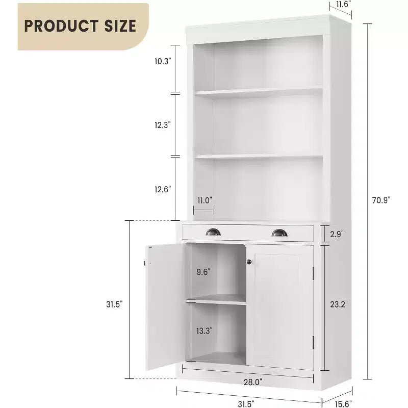 Modern Bookcase with Louvered Doors, Adjustable Shelves, Drawer & Cabinet, Set of 2, Safety Anti-Tip, Black
