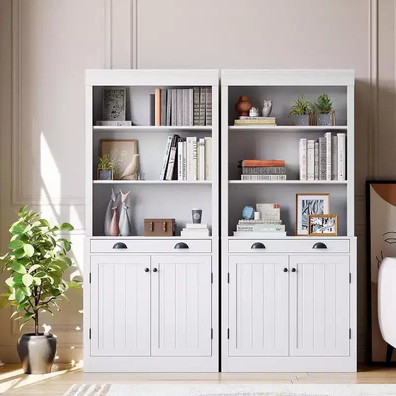 Modern Bookcase with Louvered Doors, Adjustable Shelves, Drawer & Cabinet, Set of 2, Safety Anti-Tip, Black