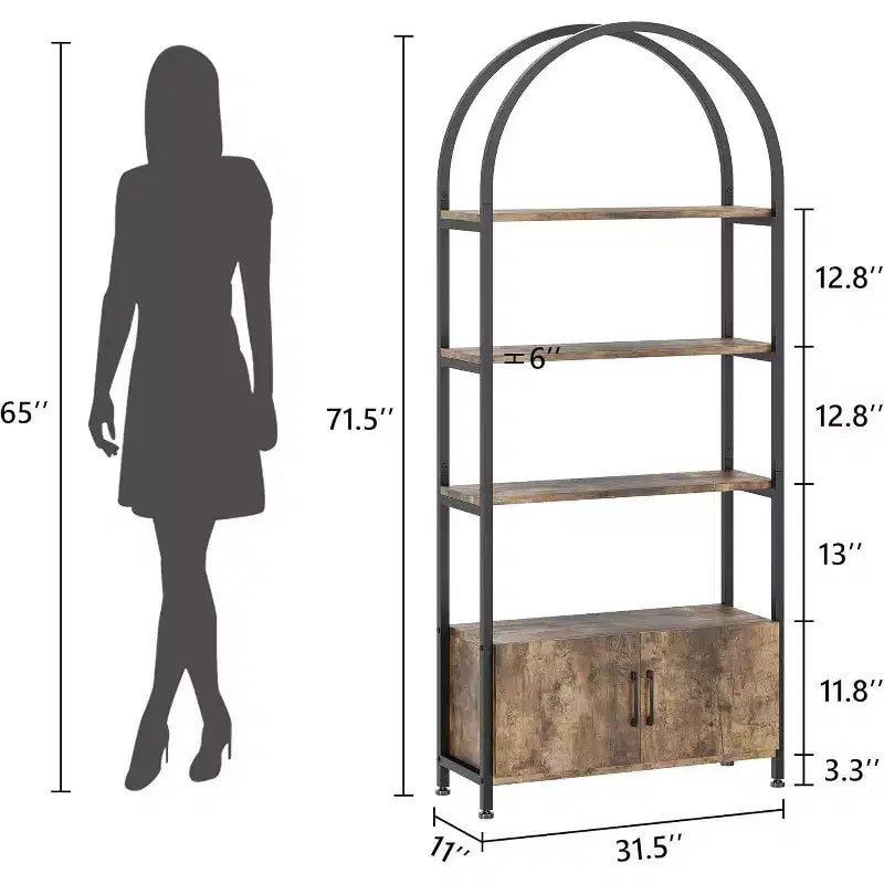 Arched Bookshelf, Bookcase w/Doors Storage, 71 Inches Tall Industrial Book Shelf with Sturdy Metal Frame, Freestanding Display Shelving Unit