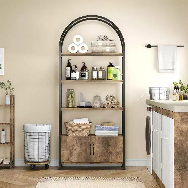 Arched Bookshelf, Bookcase w/Doors Storage, 71 Inches Tall Industrial Book Shelf with Sturdy Metal Frame, Freestanding Display Shelving Unit