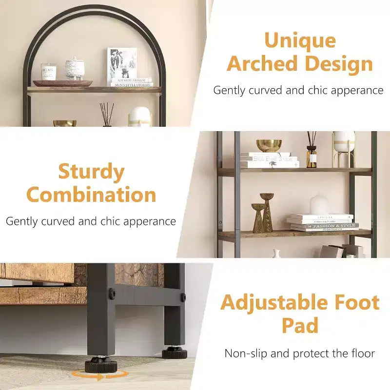 Arched Bookshelf, Bookcase w/Doors Storage, 71 Inches Tall Industrial Book Shelf with Sturdy Metal Frame, Freestanding Display Shelving Unit