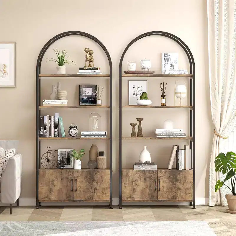 Arched Bookshelf, Bookcase w/Doors Storage, 71 Inches Tall Industrial Book Shelf with Sturdy Metal Frame, Freestanding Display Shelving Unit