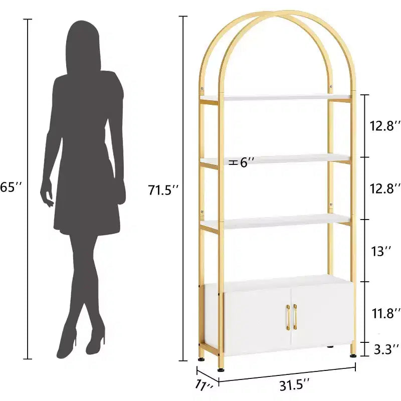 Arched Bookshelf, Bookcase w/Doors Storage, 71 Inches Tall Industrial Book Shelf with Sturdy Metal Frame, Freestanding Display Shelving Unit