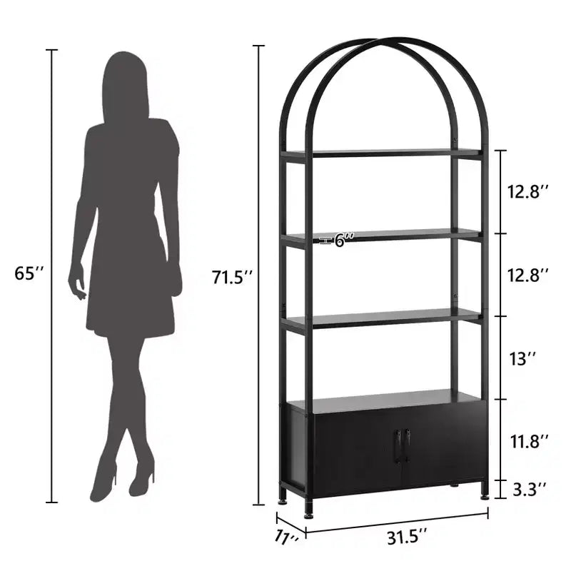 Arched Bookshelf, Bookcase w/Doors Storage, 71 Inches Tall Industrial Book Shelf with Sturdy Metal Frame, Freestanding Display Shelving Unit