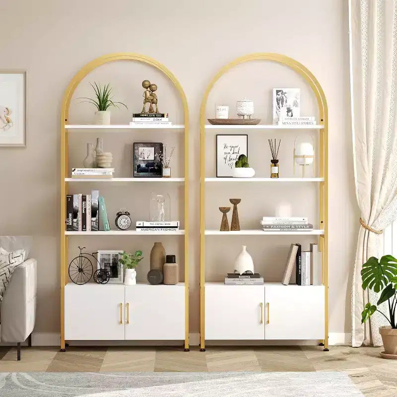 Arched Bookshelf, Bookcase w/Doors Storage, 71 Inches Tall Industrial Book Shelf with Sturdy Metal Frame, Freestanding Display Shelving Unit