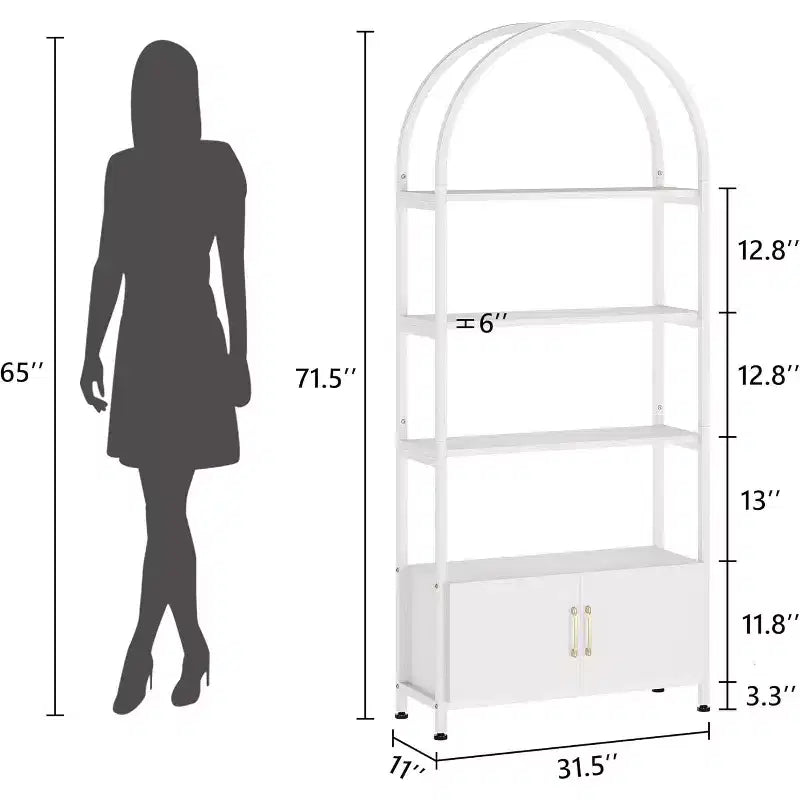 Arched Bookshelf, Bookcase w/Doors Storage, 71 Inches Tall Industrial Book Shelf with Sturdy Metal Frame, Freestanding Display Shelving Unit