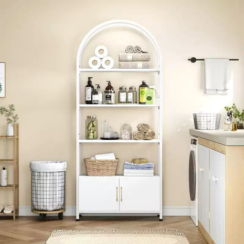 Arched Bookshelf, Bookcase w/Doors Storage, 71 Inches Tall Industrial Book Shelf with Sturdy Metal Frame, Freestanding Display Shelving Unit