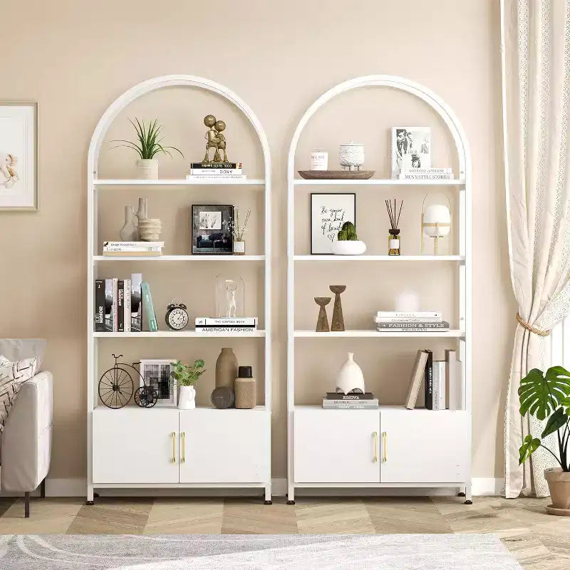 Arched Bookshelf, Bookcase w/Doors Storage, 71 Inches Tall Industrial Book Shelf with Sturdy Metal Frame, Freestanding Display Shelving Unit