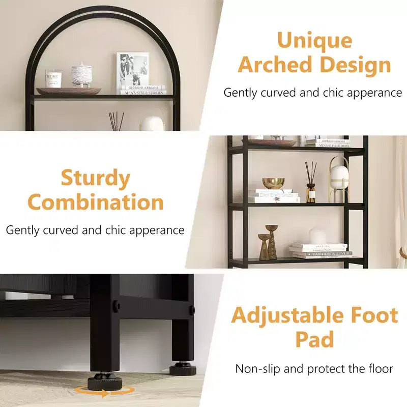 Arched Bookshelf, Bookcase w/Doors Storage, 71 Inches Tall Industrial Book Shelf with Sturdy Metal Frame, Freestanding Display Shelving Unit