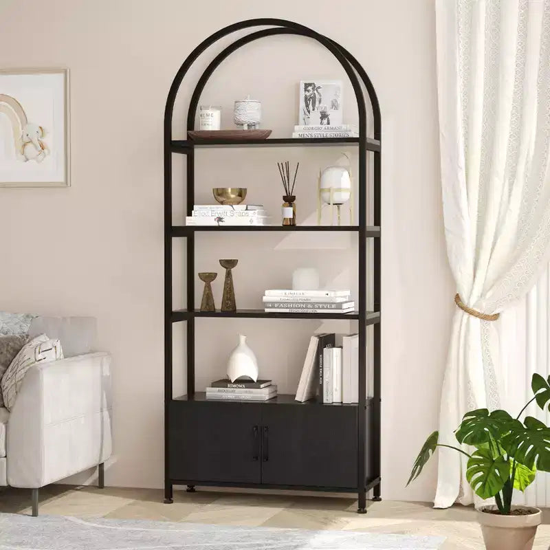 Arched Bookshelf, Bookcase w/Doors Storage, 71 Inches Tall Industrial Book Shelf with Sturdy Metal Frame, Freestanding Display Shelving Unit