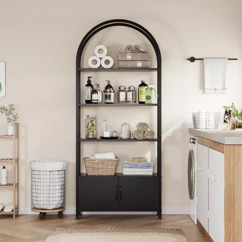Arched Bookshelf, Bookcase w/Doors Storage, 71 Inches Tall Industrial Book Shelf with Sturdy Metal Frame, Freestanding Display Shelving Unit