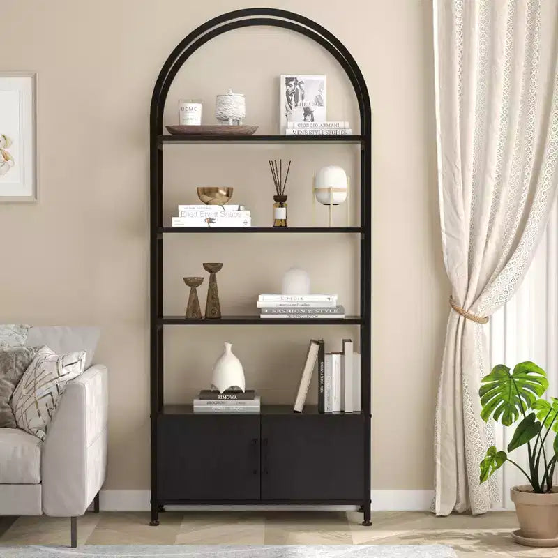 Arched Bookshelf, Bookcase w/Doors Storage, 71 Inches Tall Industrial Book Shelf with Sturdy Metal Frame, Freestanding Display Shelving Unit