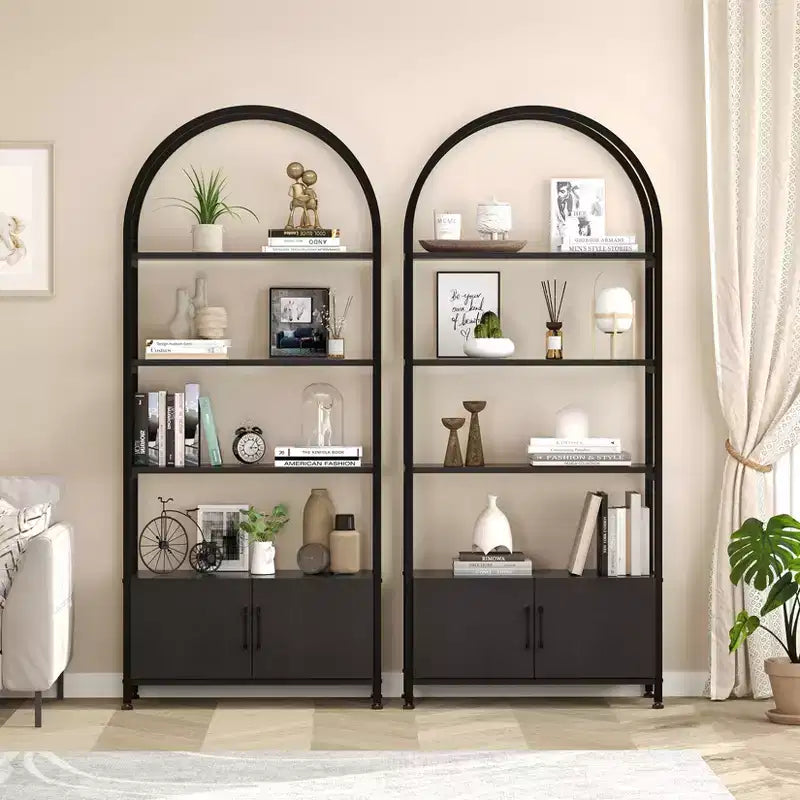 Arched Bookshelf, Bookcase w/Doors Storage, 71 Inches Tall Industrial Book Shelf with Sturdy Metal Frame, Freestanding Display Shelving Unit
