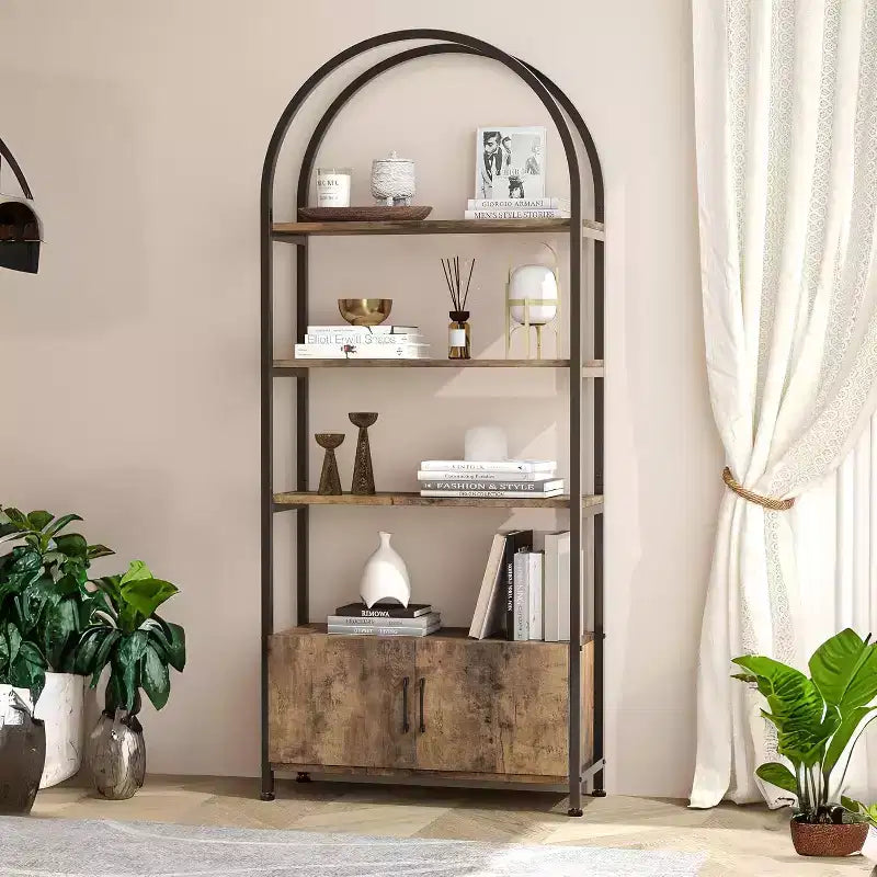 Arched Bookshelf, Bookcase w/Doors Storage, 71 Inches Tall Industrial Book Shelf with Sturdy Metal Frame, Freestanding Display Shelving Unit