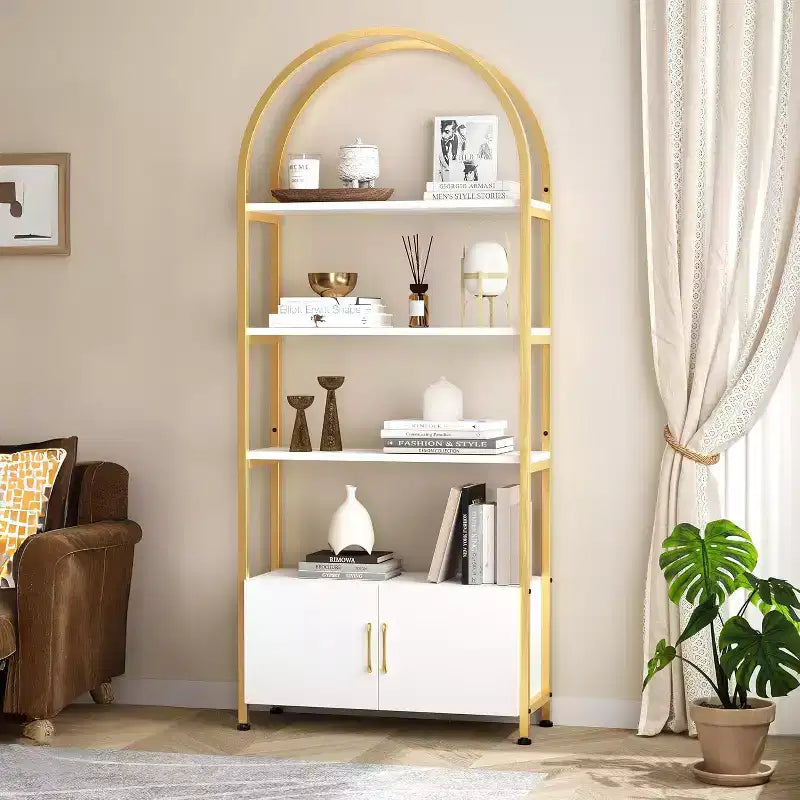 Arched Bookshelf, Bookcase w/Doors Storage, 71 Inches Tall Industrial Book Shelf with Sturdy Metal Frame, Freestanding Display Shelving Unit