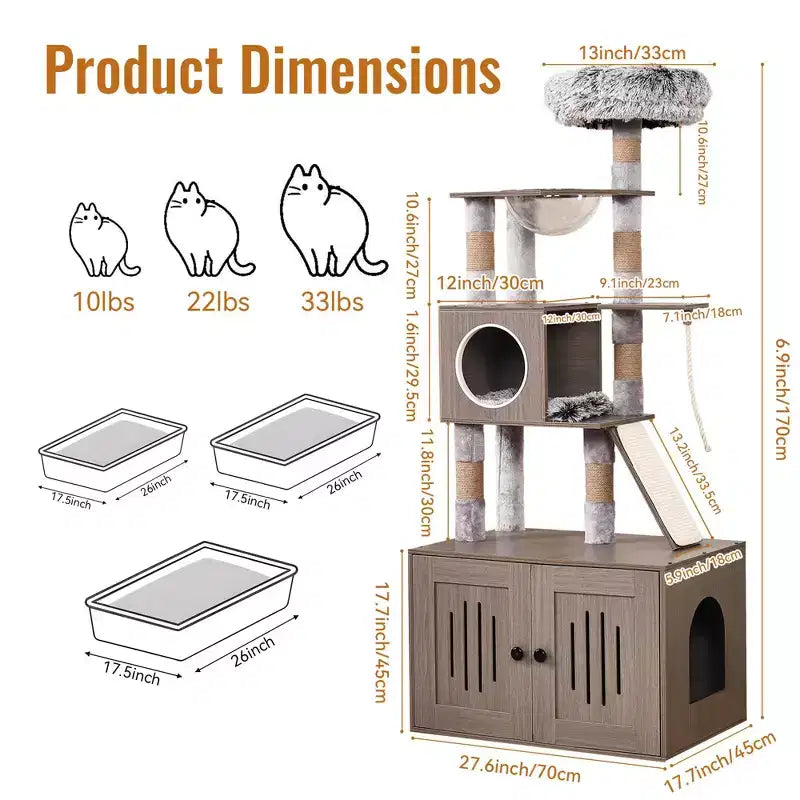Litter Box Enclosure with Cat Tree, 2-in-1 Cat Tower, 66.9-Inch Tall Condo with Scratching Posts
