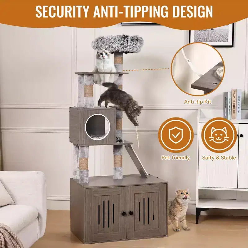 Litter Box Enclosure with Cat Tree, 2-in-1 Cat Tower, 66.9-Inch Tall Condo with Scratching Posts