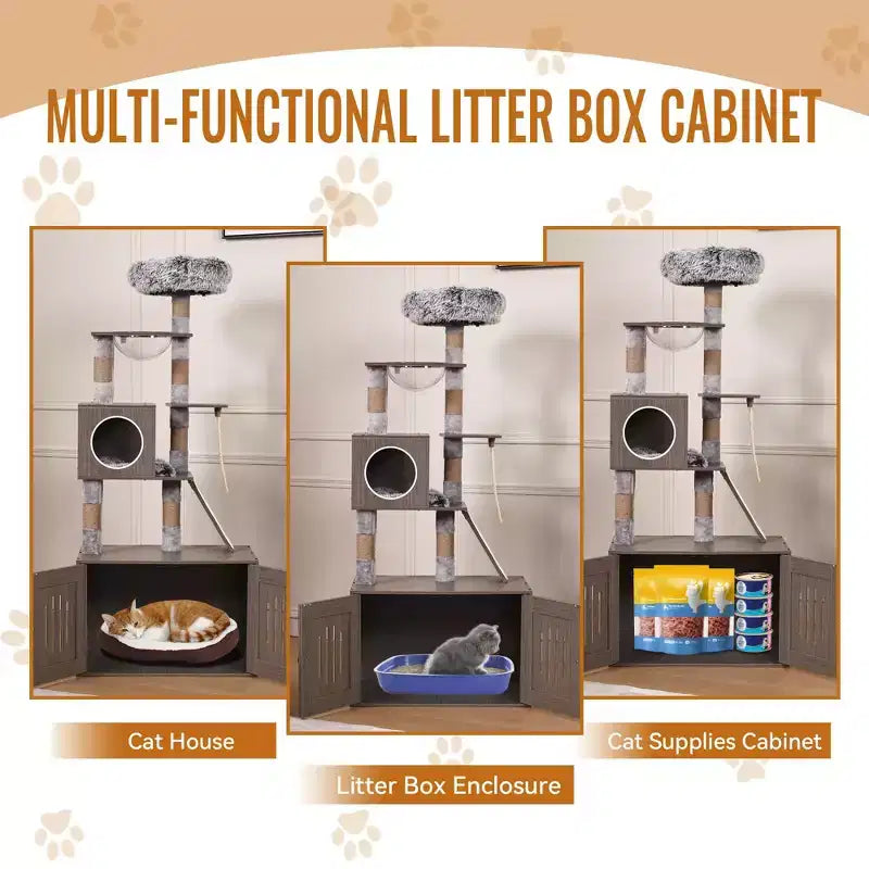 Litter Box Enclosure with Cat Tree, 2-in-1 Cat Tower, 66.9-Inch Tall Condo with Scratching Posts