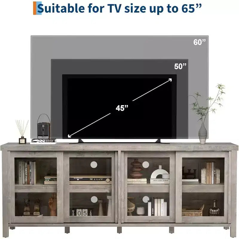 65 Inch TV Stand, Entertainment Center with Storage and 4 Sliding Glass Doors, Mid-Century Modern Media TV Console Table for Living Room