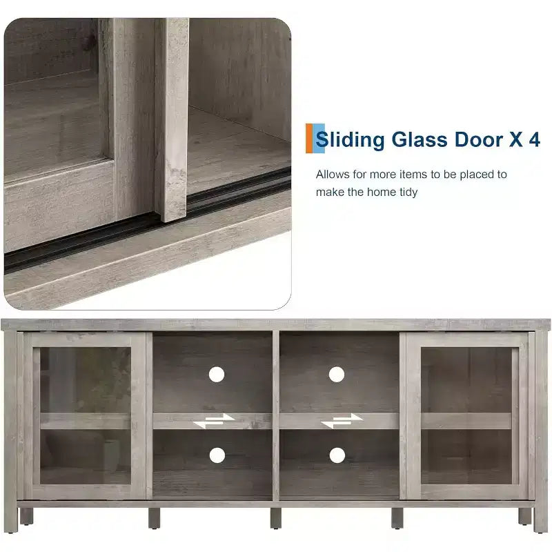 65 Inch TV Stand, Entertainment Center with Storage and 4 Sliding Glass Doors, Mid-Century Modern Media TV Console Table for Living Room