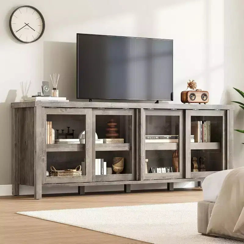 65 Inch TV Stand, Entertainment Center with Storage and 4 Sliding Glass Doors, Mid-Century Modern Media TV Console Table for Living Room