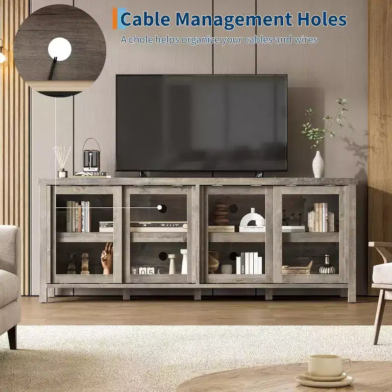 65 Inch TV Stand, Entertainment Center with Storage and 4 Sliding Glass Doors, Mid-Century Modern Media TV Console Table for Living Room
