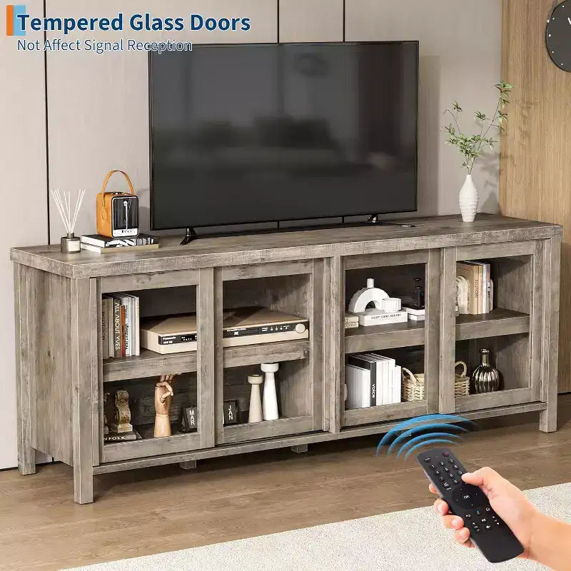 65 Inch TV Stand, Entertainment Center with Storage and 4 Sliding Glass Doors, Mid-Century Modern Media TV Console Table for Living Room