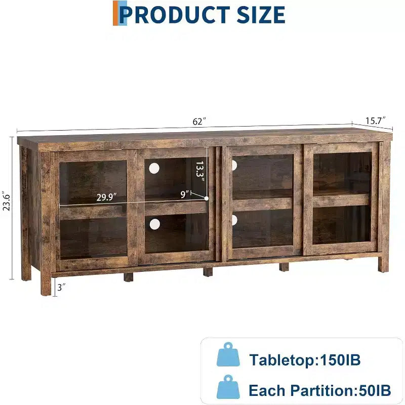 65 Inch TV Stand, Entertainment Center with Storage and 4 Sliding Glass Doors, Mid-Century Modern Media TV Console Table for Living Room