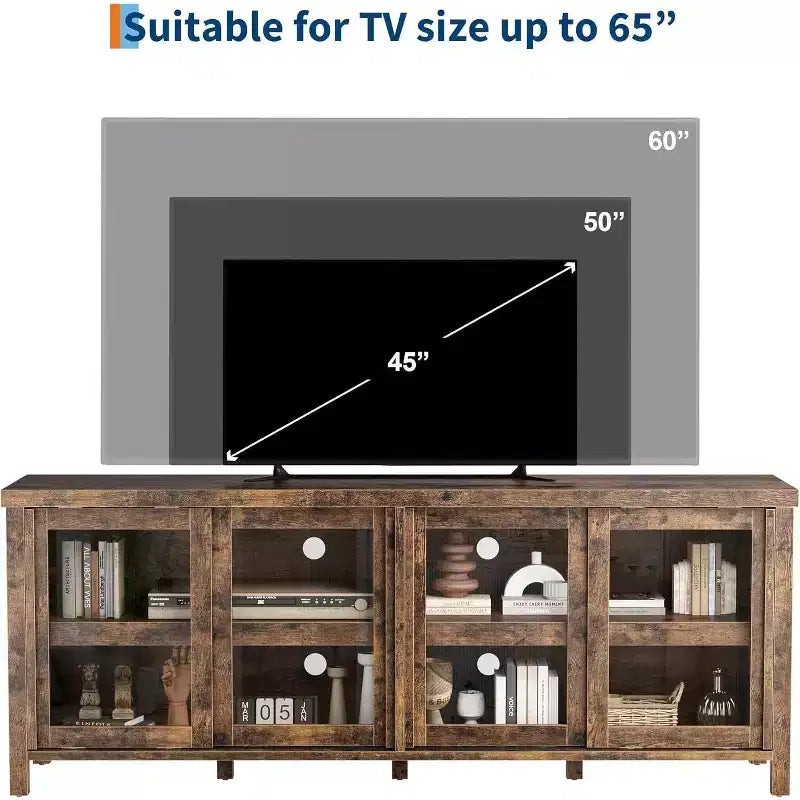 65 Inch TV Stand, Entertainment Center with Storage and 4 Sliding Glass Doors, Mid-Century Modern Media TV Console Table for Living Room