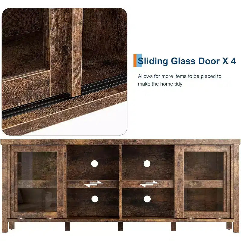 65 Inch TV Stand, Entertainment Center with Storage and 4 Sliding Glass Doors, Mid-Century Modern Media TV Console Table for Living Room