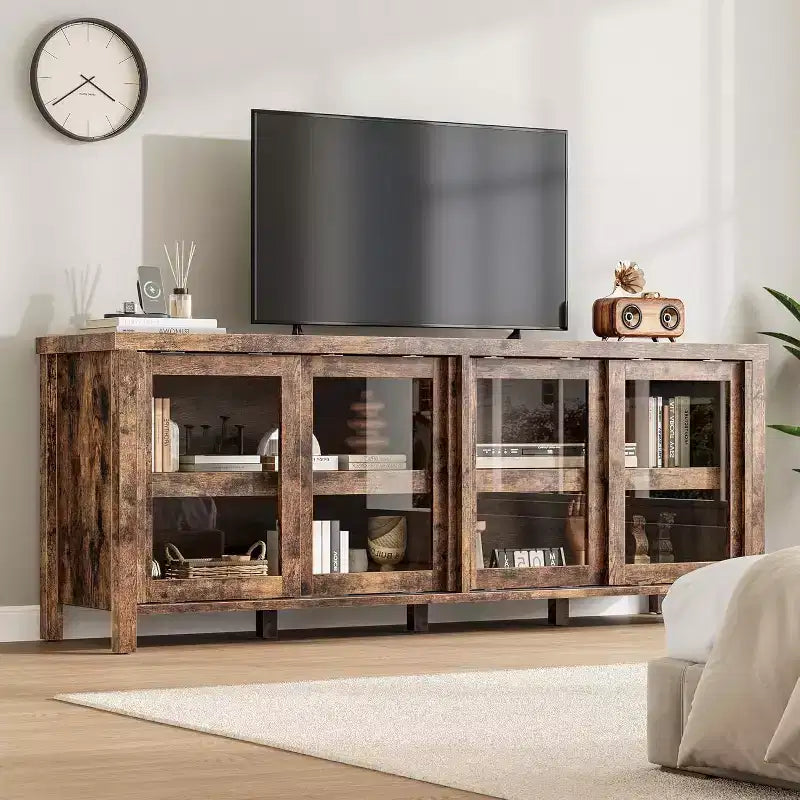 65 Inch TV Stand, Entertainment Center with Storage and 4 Sliding Glass Doors, Mid-Century Modern Media TV Console Table for Living Room