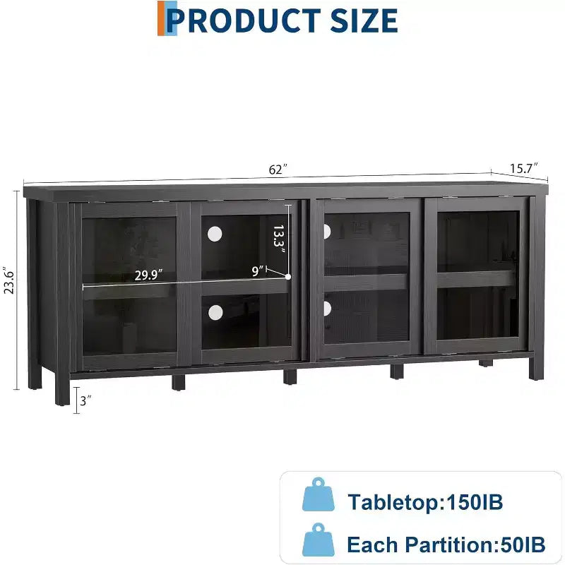 65 Inch TV Stand, Entertainment Center with Storage and 4 Sliding Glass Doors, Mid-Century Modern Media TV Console Table for Living Room