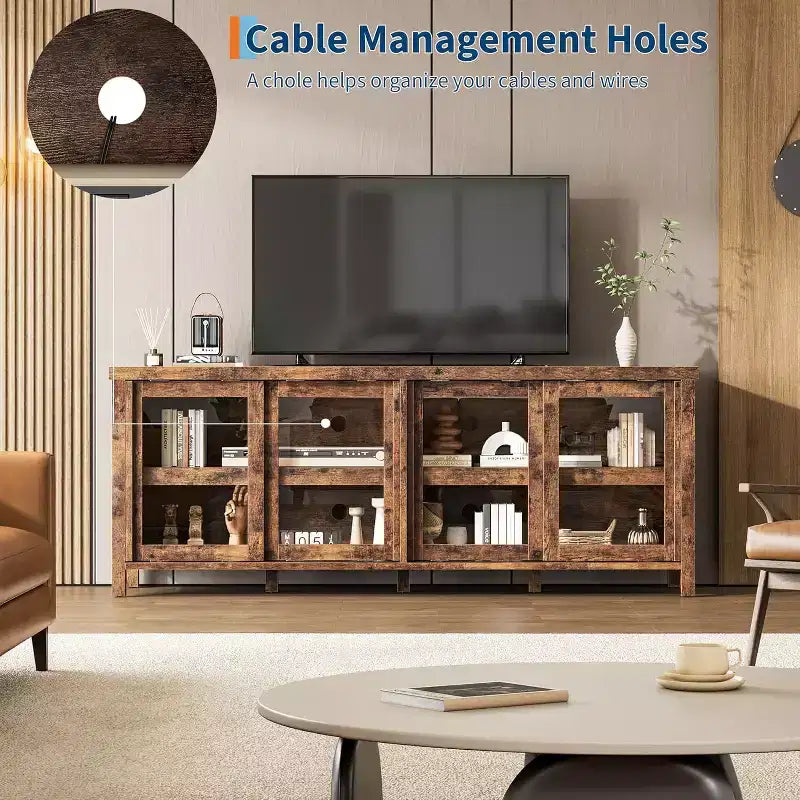 65 Inch TV Stand, Entertainment Center with Storage and 4 Sliding Glass Doors, Mid-Century Modern Media TV Console Table for Living Room