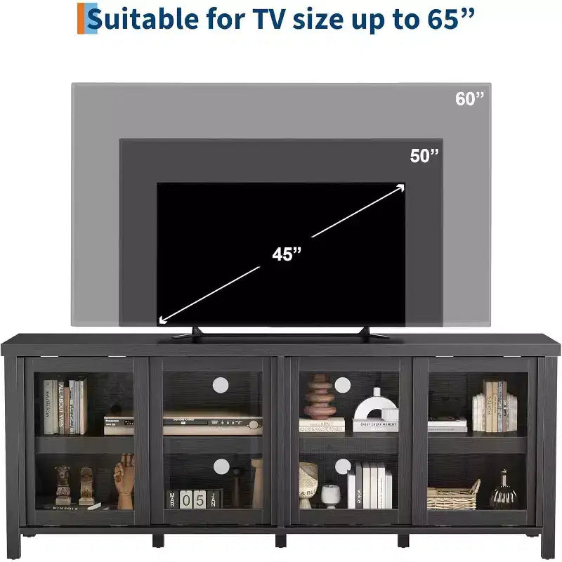65 Inch TV Stand, Entertainment Center with Storage and 4 Sliding Glass Doors, Mid-Century Modern Media TV Console Table for Living Room