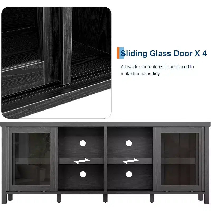 65 Inch TV Stand, Entertainment Center with Storage and 4 Sliding Glass Doors, Mid-Century Modern Media TV Console Table for Living Room