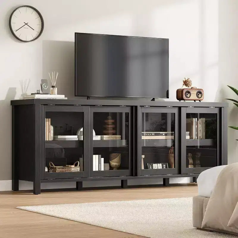 65 Inch TV Stand, Entertainment Center with Storage and 4 Sliding Glass Doors, Mid-Century Modern Media TV Console Table for Living Room